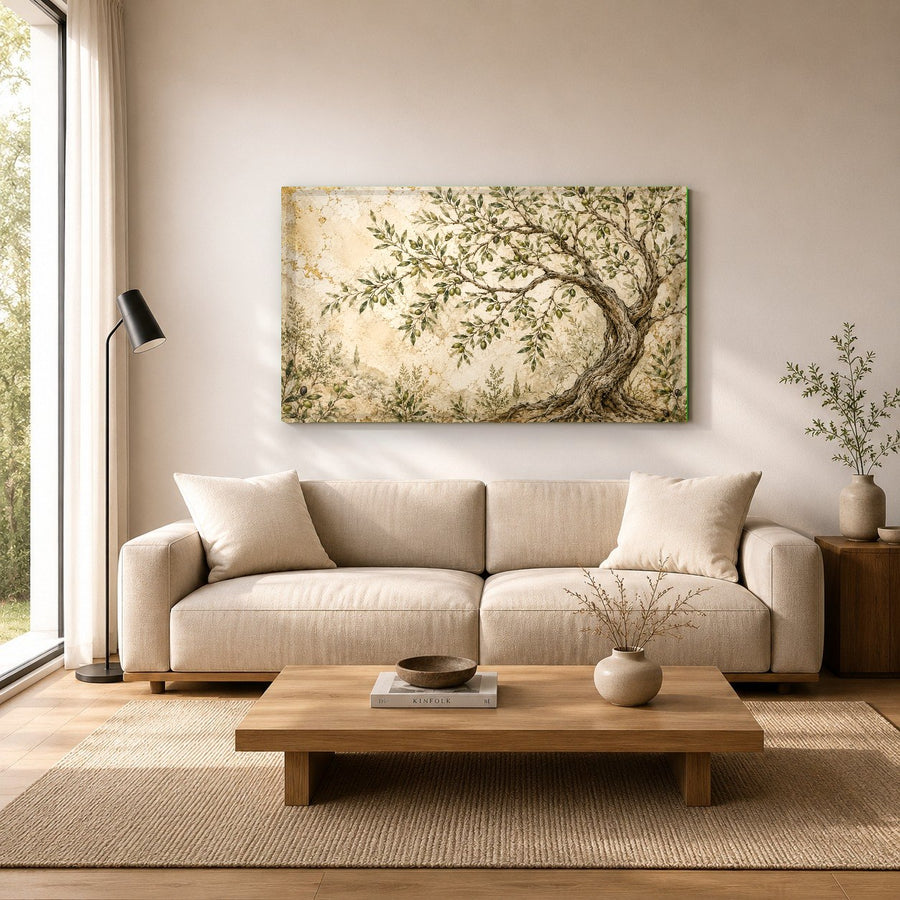 A cozy living room setting with an Olive Fresco botanical glass print hung above a beige linen sofa with earth-toned pillows.