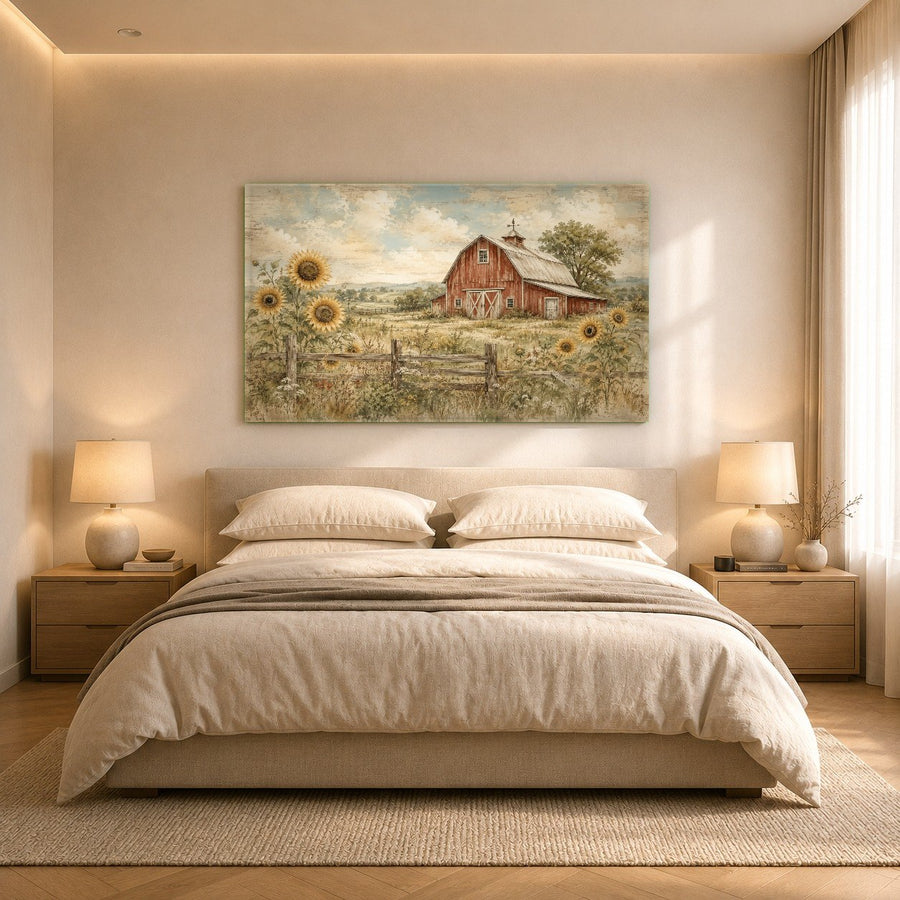 Frameless glass rooster print reflecting soft afternoon light in a warm, traditional dining room setting.