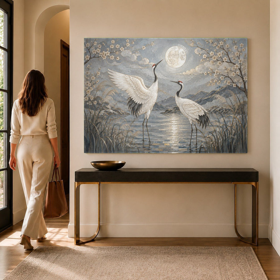 Close-up of the high-gloss tempered glass print showcasing the elegant heron and glowing full moon details.