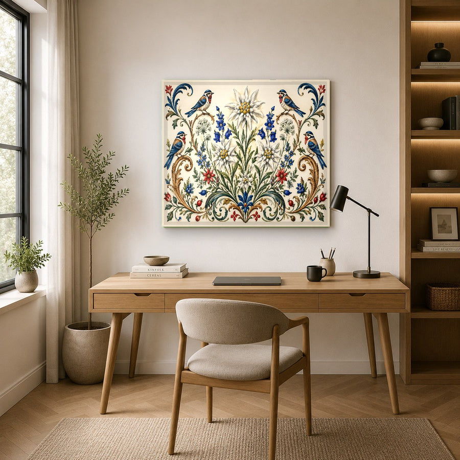 Coral Garden botanical ocean art hanging on a textured white wall in a modern apartment