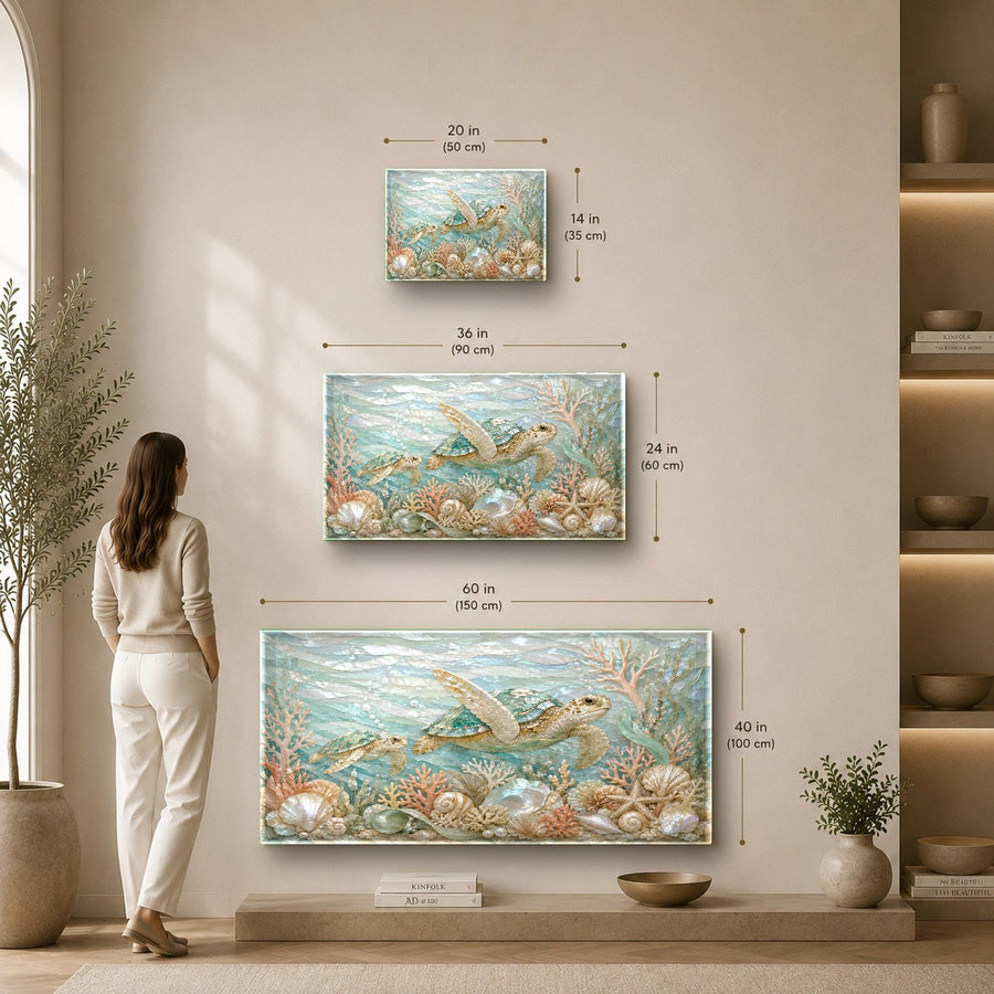 Coastal turtle glass wall art showcased in a nautical-themed hotel lobby