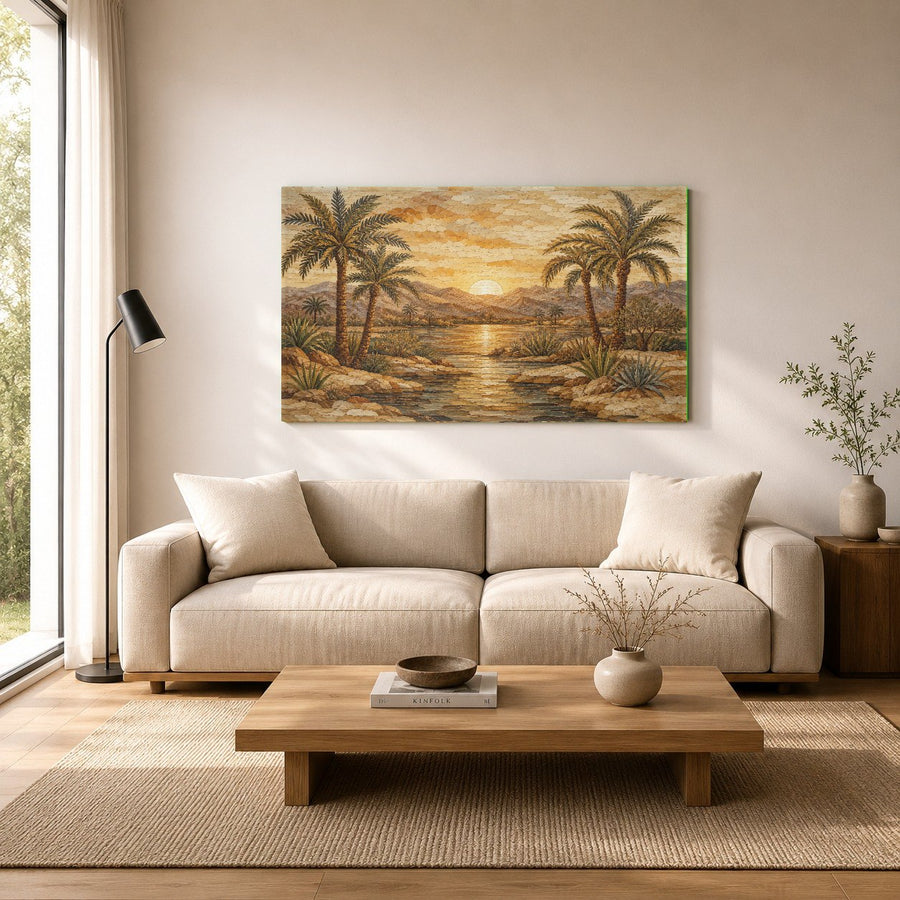 Deco Sunrise art deco print styled in a serene wellness spa waiting area with neutral-toned decor.