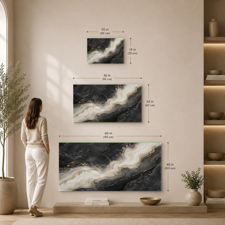 Angled view of Marble Smoke glass wall decor in a contemporary dining room setting.