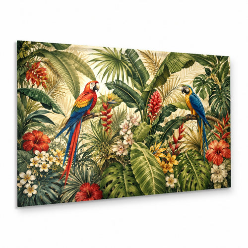 Tropical parrots glass wall art hanging above a modern neutral sofa in a brightly lit living room