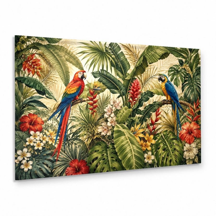 Tropical parrots glass wall art hanging above a modern neutral sofa in a brightly lit living room