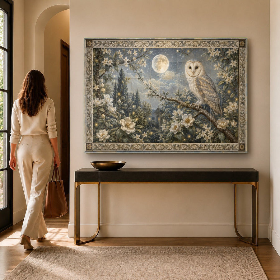 Close-up of the high-gloss tempered glass print showing a detailed owl under a glowing golden full moon.