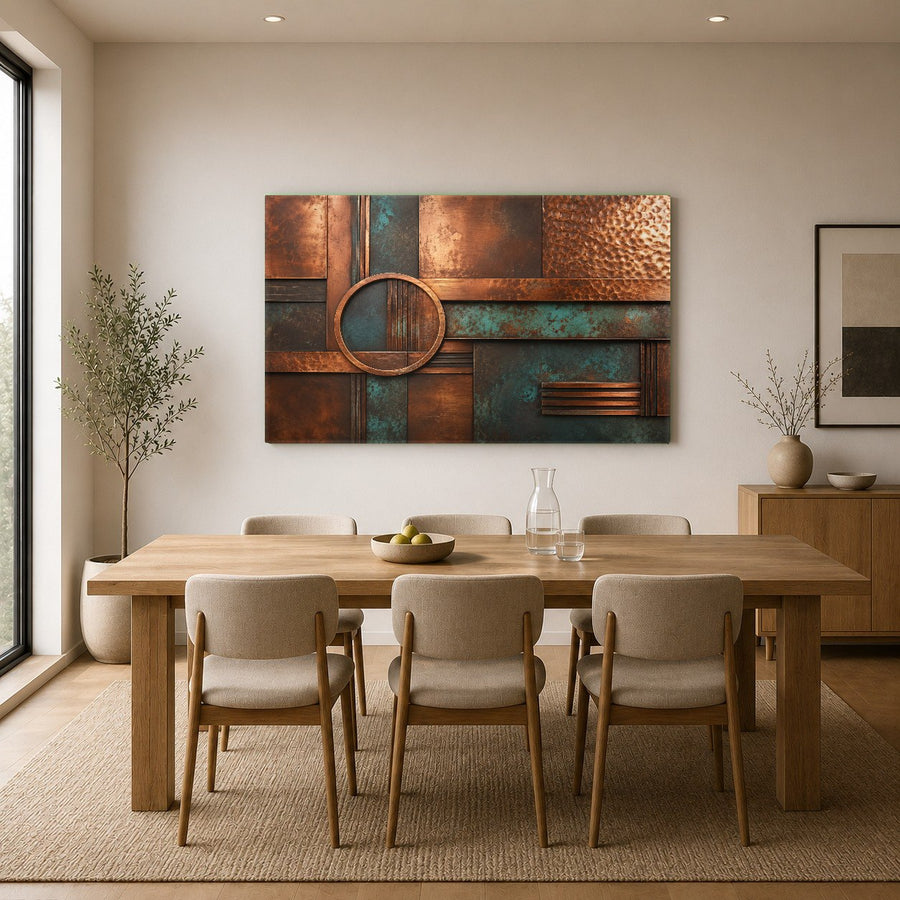 Minimalist interior staging highlighting the durable aluminum frame of the Patina Luxury glass art