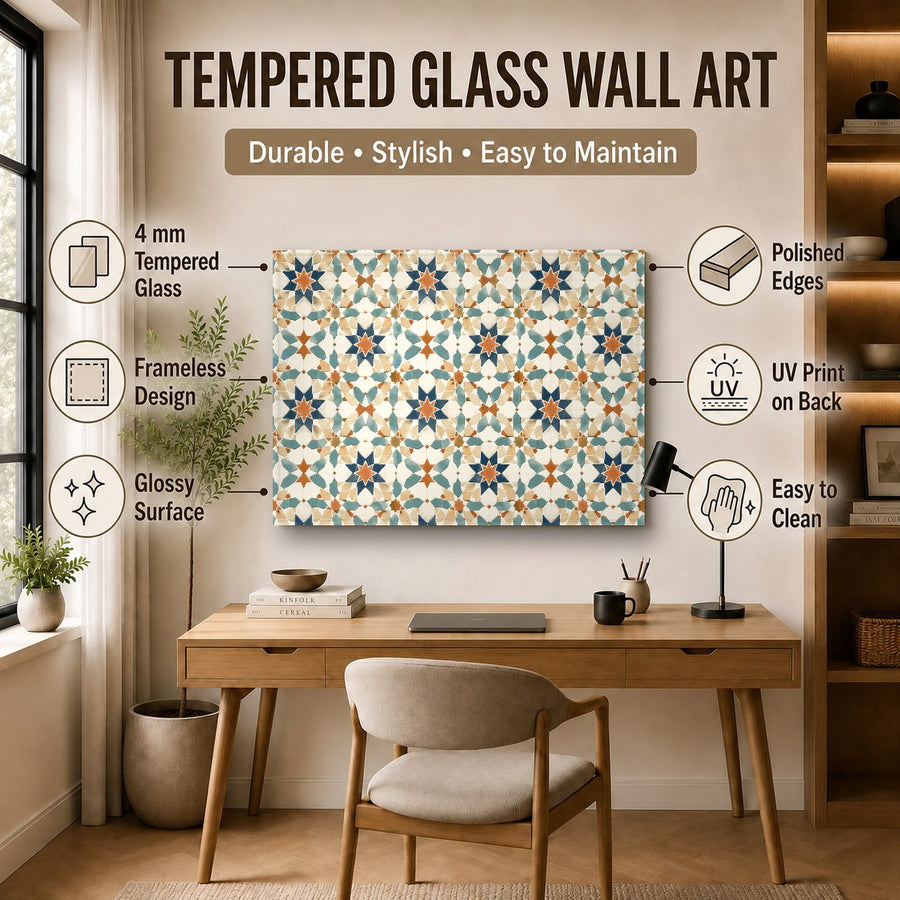 Colorful glass wall art hanging in a stylish master bedroom with neutral bedding tones
