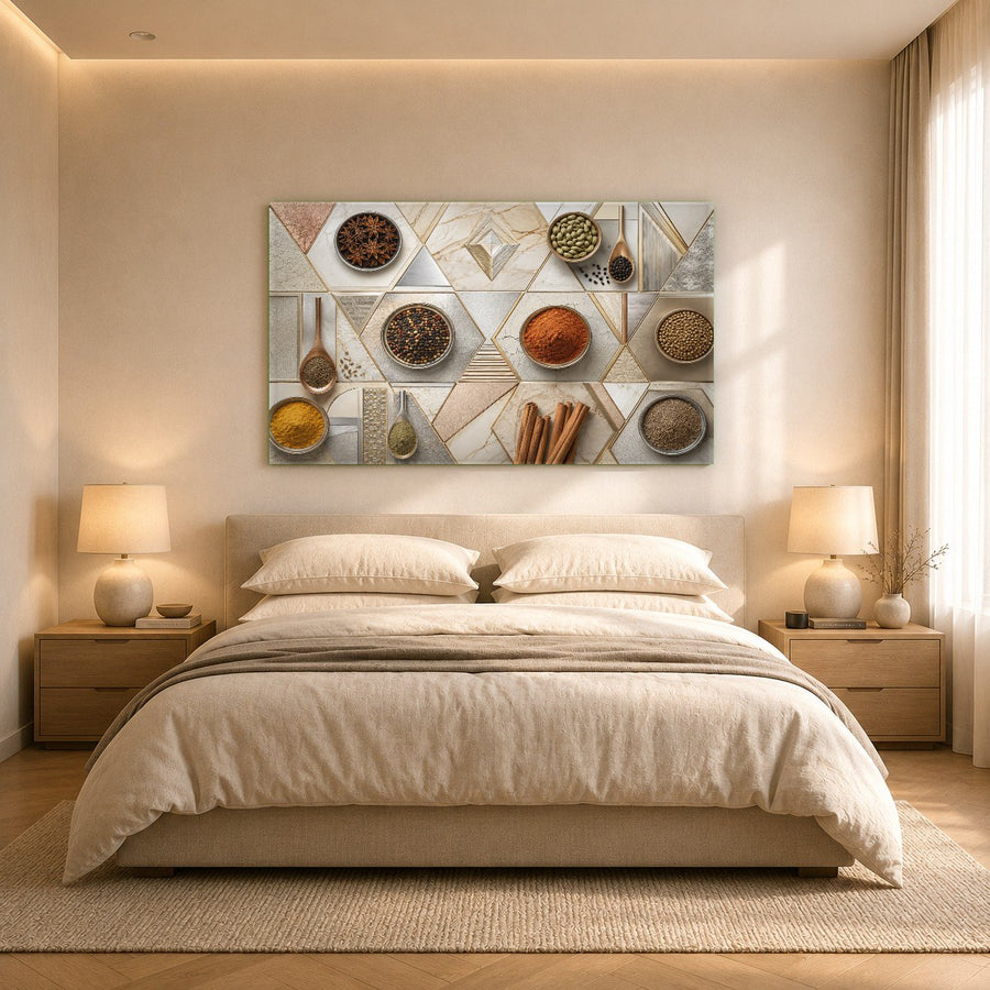 Side angle of a large Spices tempered glass artwork in a luxury restaurant dining area.
