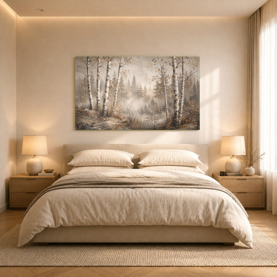 Panoramic view of a tranquil bedroom featuring the birch mist glass wall hanging