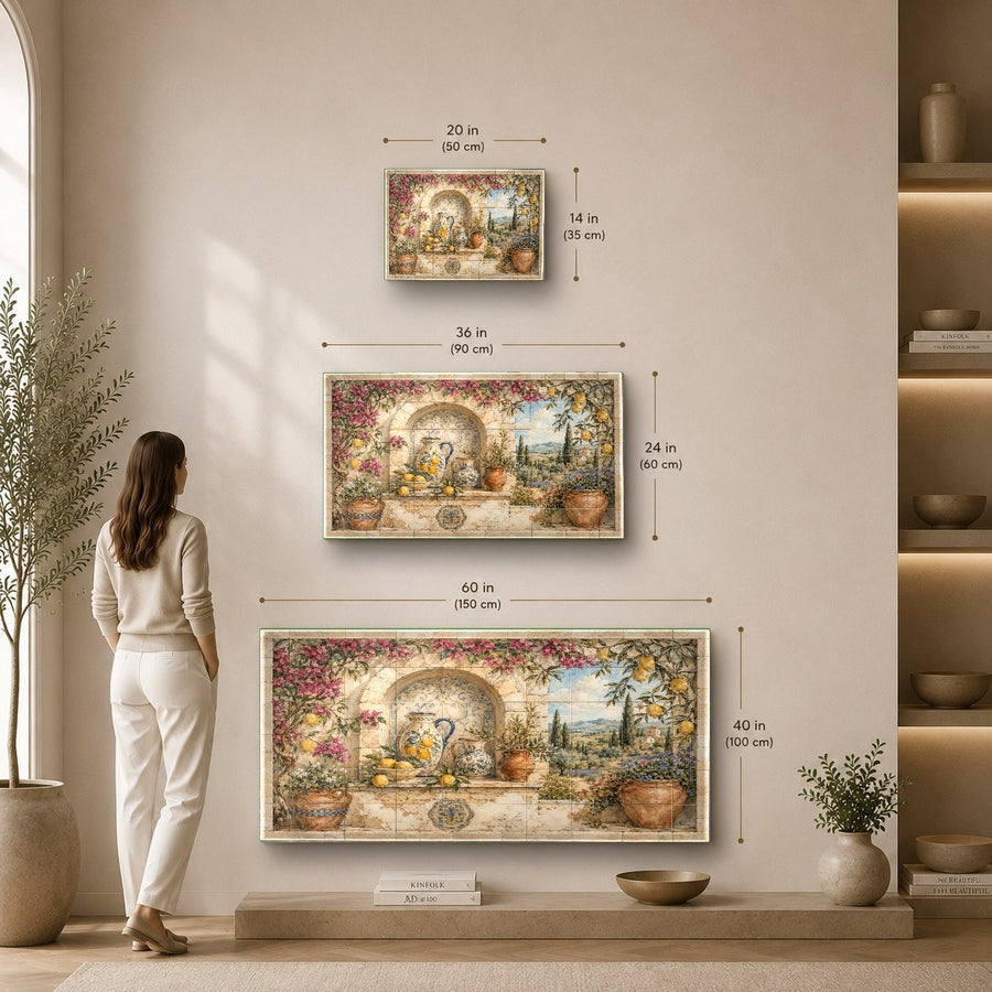 Large-scale lemon fruit glass wall print styled in a modern farmhouse dining room above a wooden table.