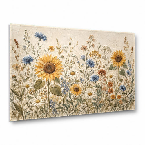 Sunflower glass wall art hanging above a modern neutral sofa in a bright living room