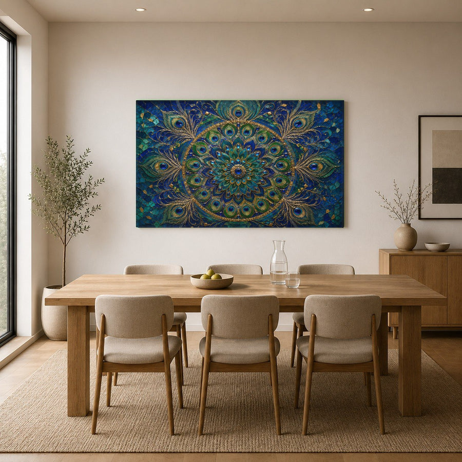 Peacock Mandala tempered glass artwork displayed in a chic dining room with emerald green velvet chairs.