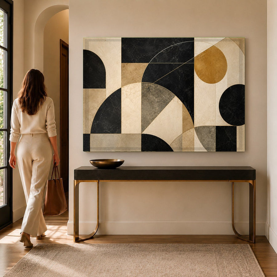 Vibrant geometric tempered glass print mounted on a dark accent wall in a luxury master bedroom.