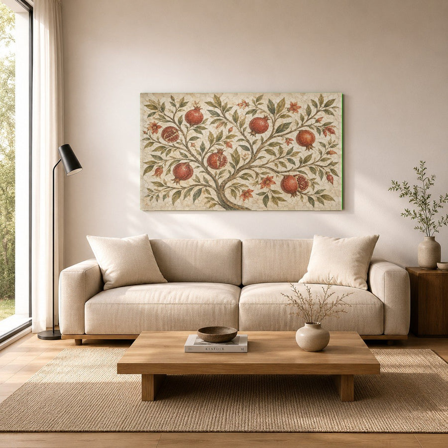 The botanical tempered glass print highlighting lush green leaves and red fruit in a serene spa waiting room.