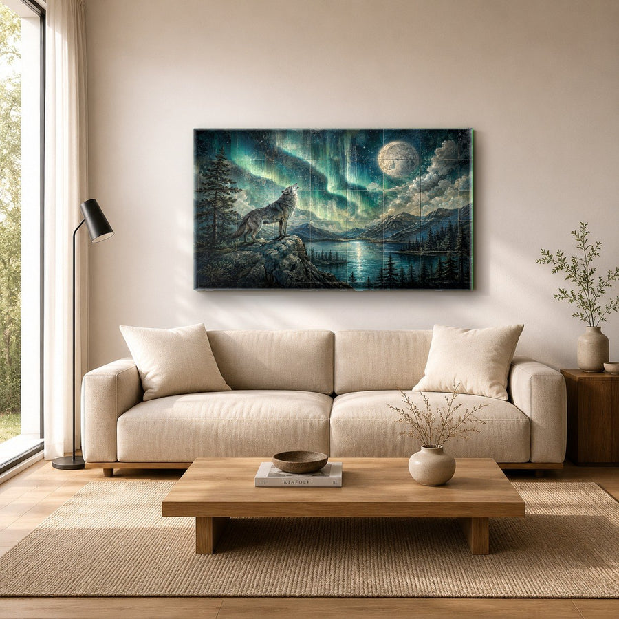 Nature and wildlife tempered glass print hanging in a dimly lit media room