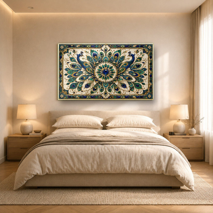 Large mandala glass wall art featured in a bright yoga studio interior