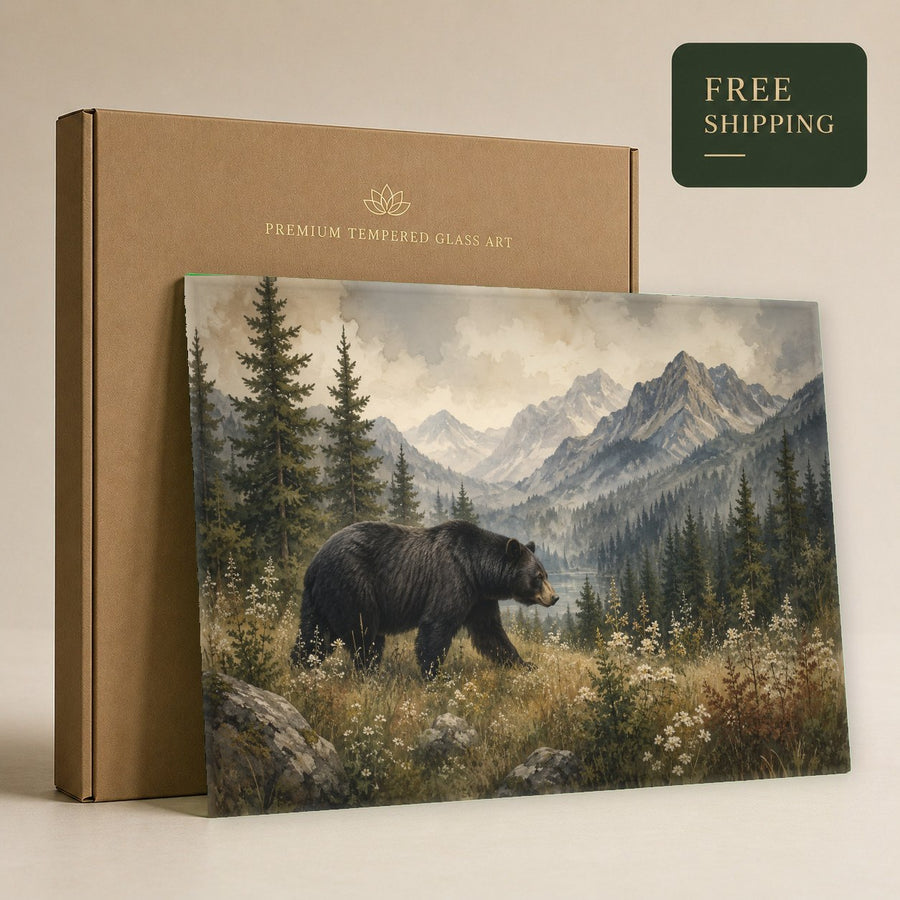 Tempered glass wall decor of a forest bear in a relaxing spa waiting area.