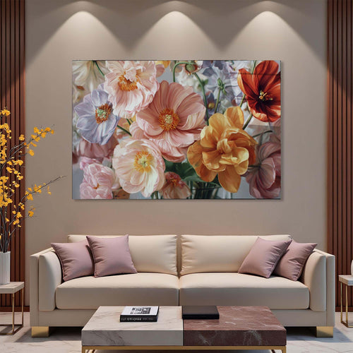Floral painting with pink, orange, and purple flowers on a white background