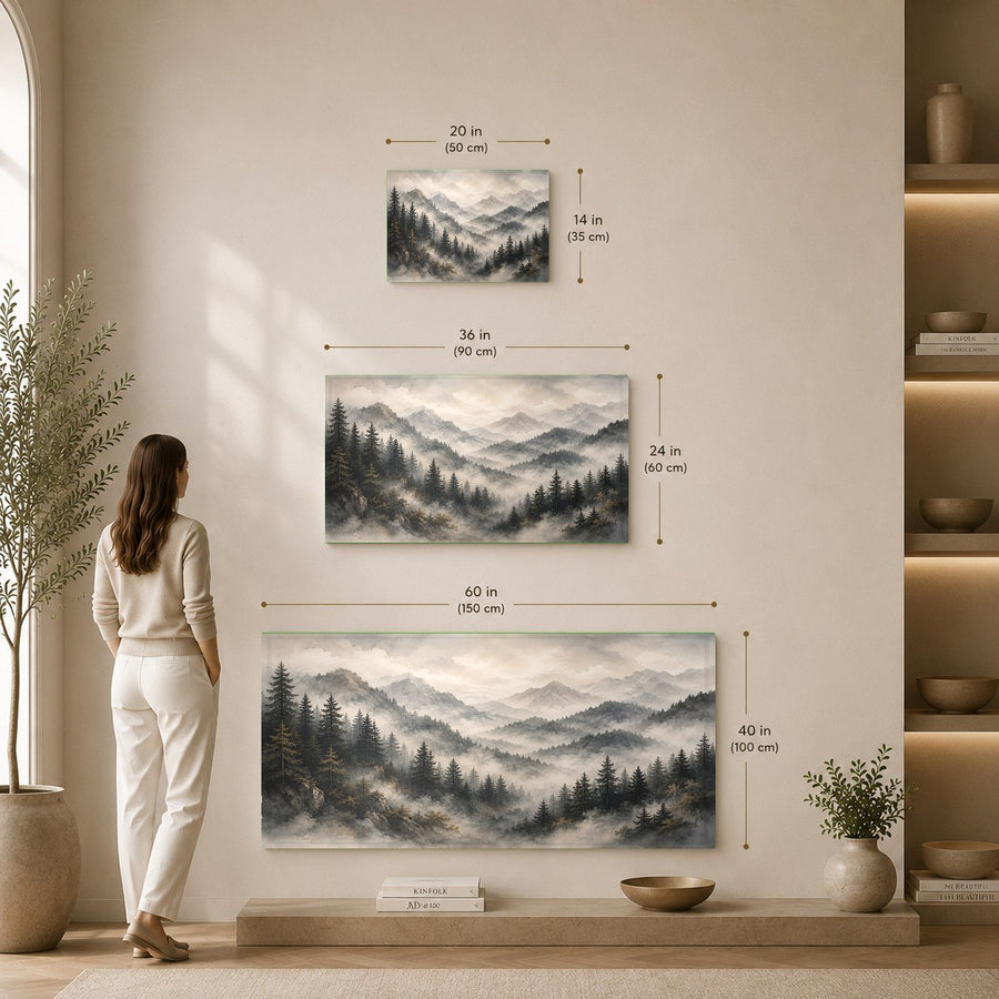 High-gloss forest veil glass print hanging in a contemporary executive office suite next to a large window.