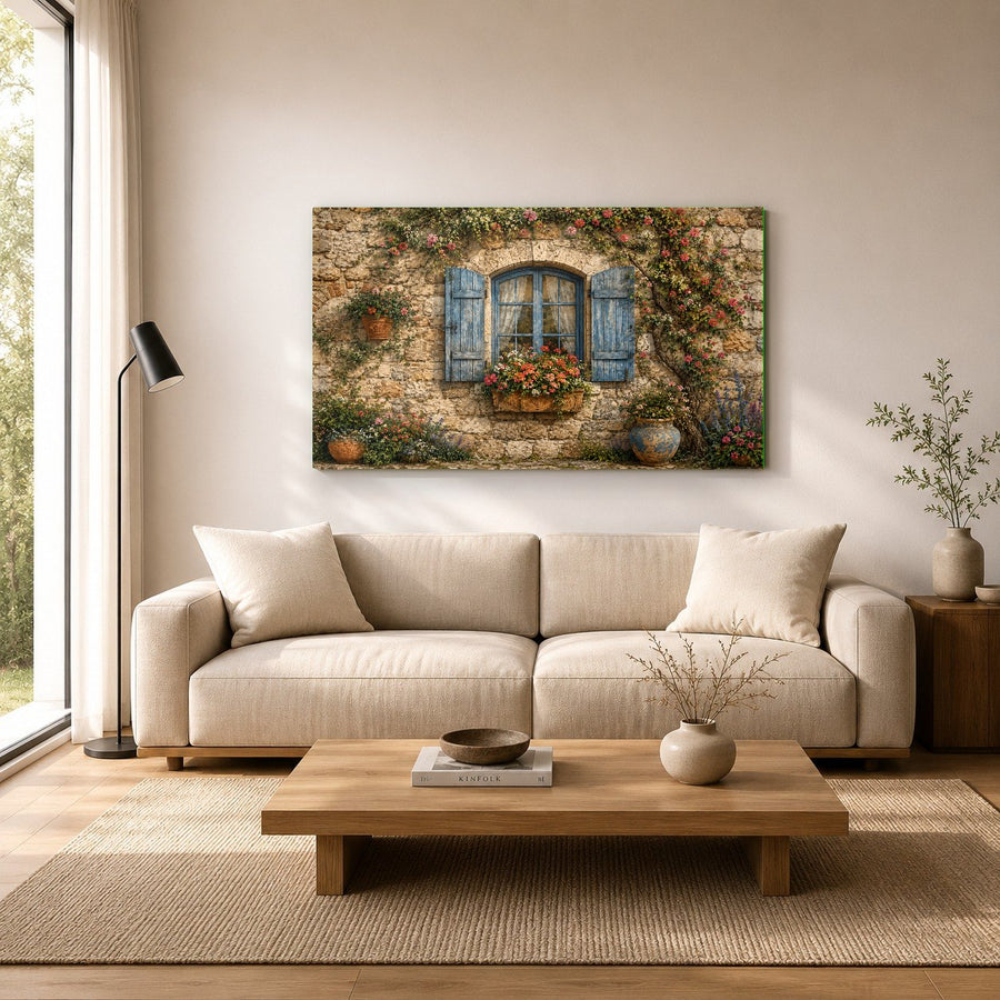 Rustic window pane glass decor hanging above a wooden dining table in a cottage-style dining room.