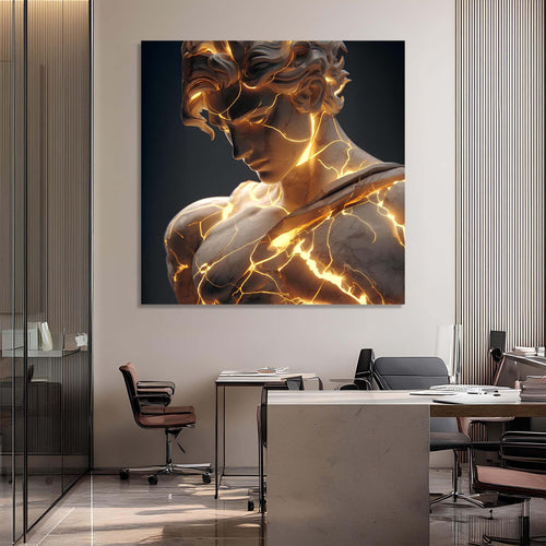 Statue with glowing golden energy effects on a dark background