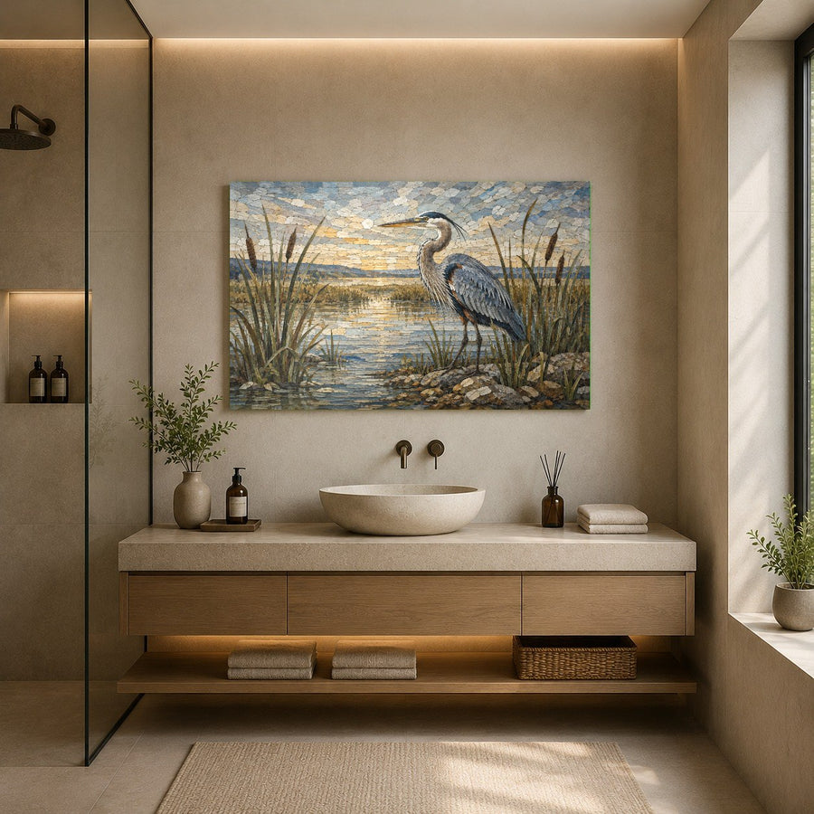Stunning coastal marsh glass art piece displayed in a contemporary dining room above a minimalist credenza.