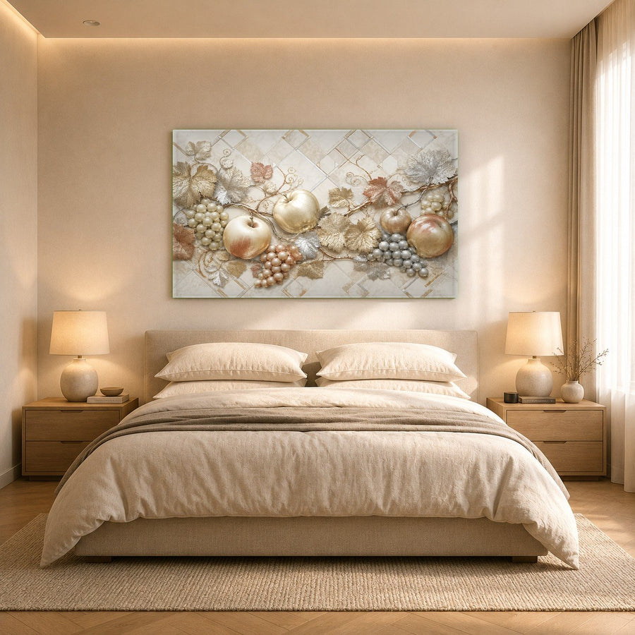 Elegant Mediterranean-style glass art piece mounted on a textured plaster wall in a rustic restaurant dining area.