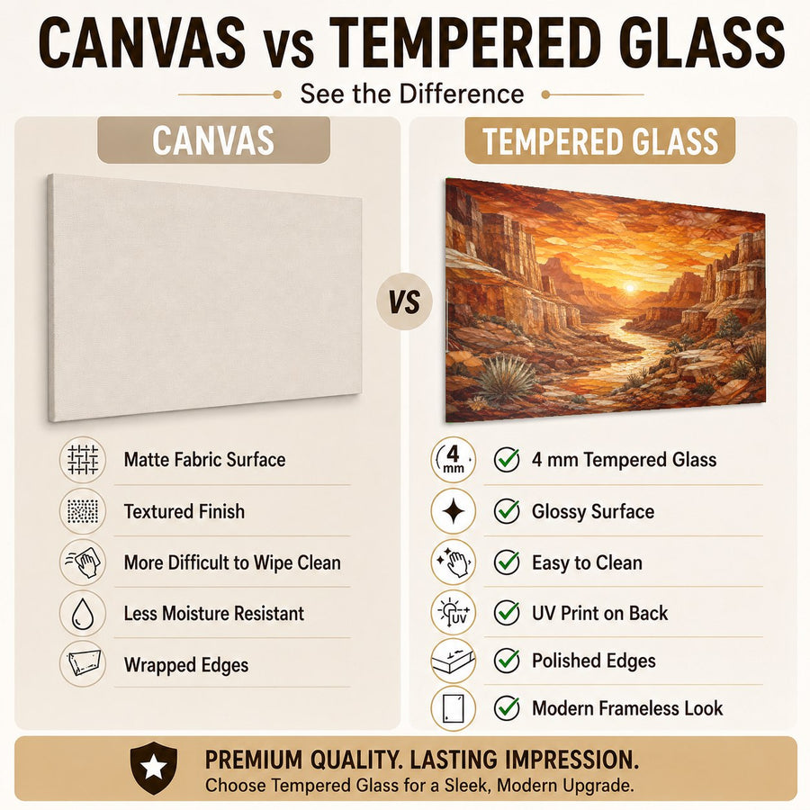 A southwestern style glass wall art piece depicting a glowing canyon sunset in a rustic cabin dining area.