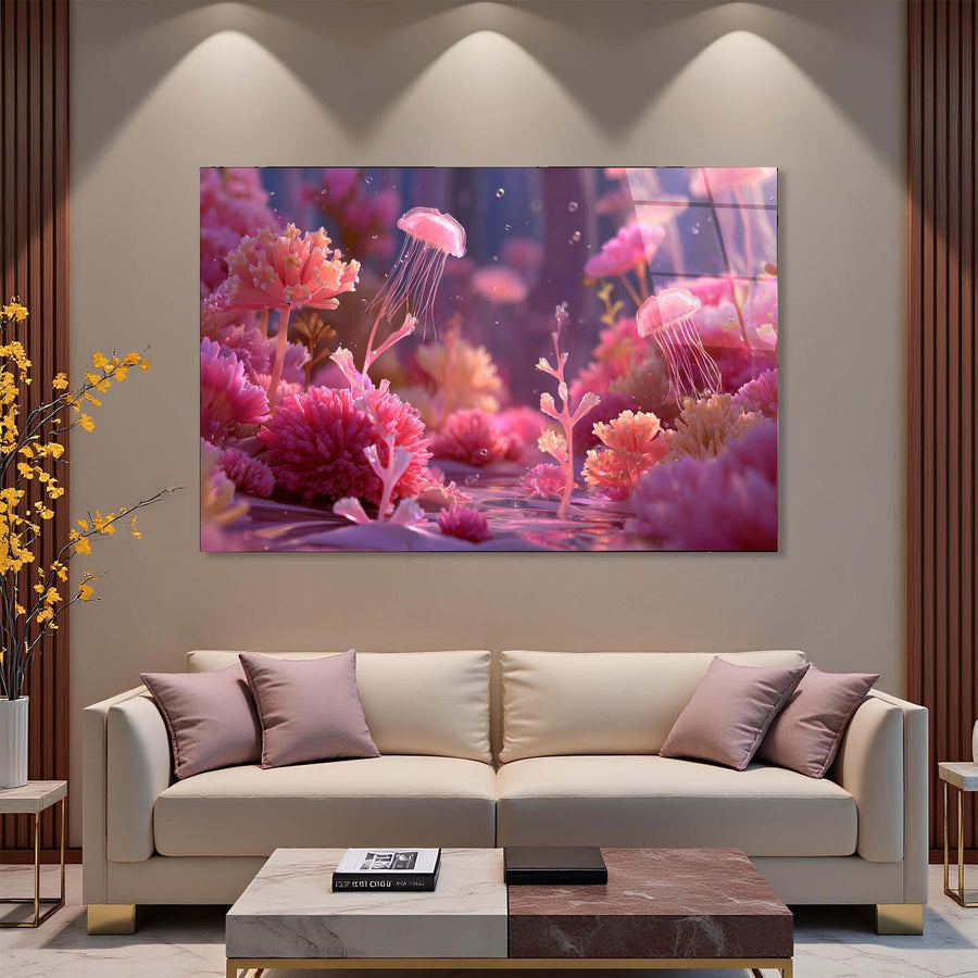 Living room with a large TV displaying an underwater scene, beige sofa, and decorative elements.