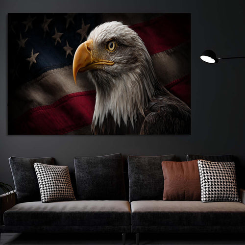 Bald eagle in front of an American flag
