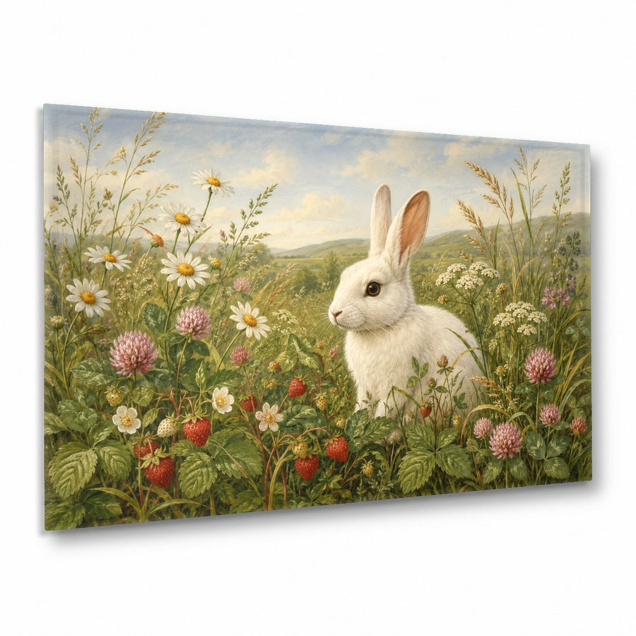 White Rabbit Glass Wall Art hanging above a modern minimalist living room sofa