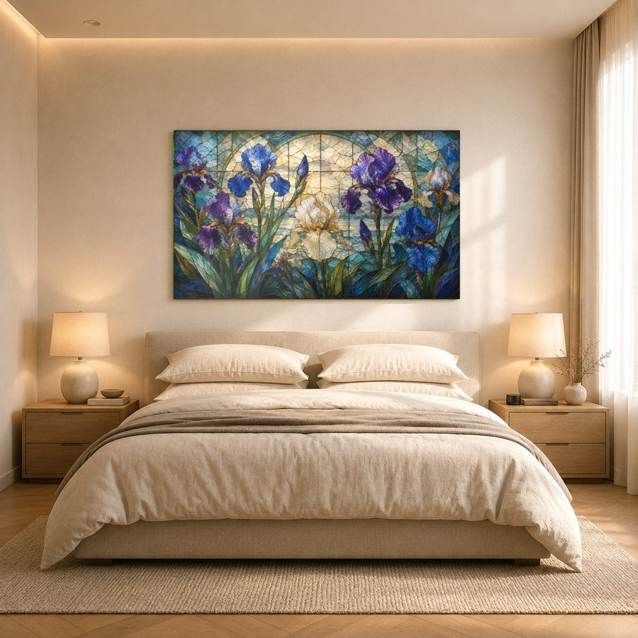 Close-up of the high-gloss Iris Garden glass print showing the stunning detail of purple petals in a modern bathroom.