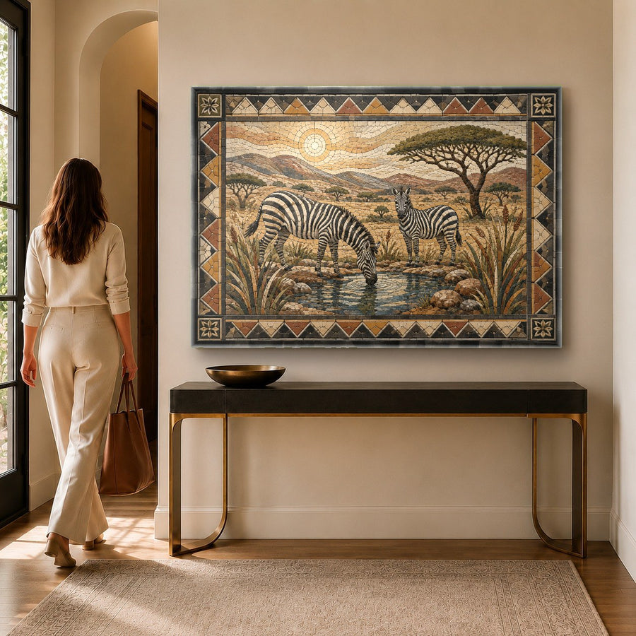 Large wildlife tempered glass print of zebras displayed in a sophisticated executive office