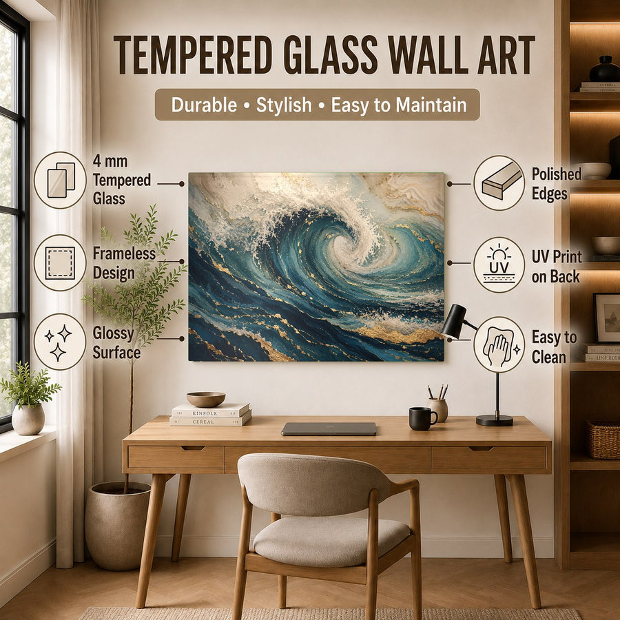 Coastal style bathroom decor featuring the ocean waves glass print mounted above a modern double vanity.