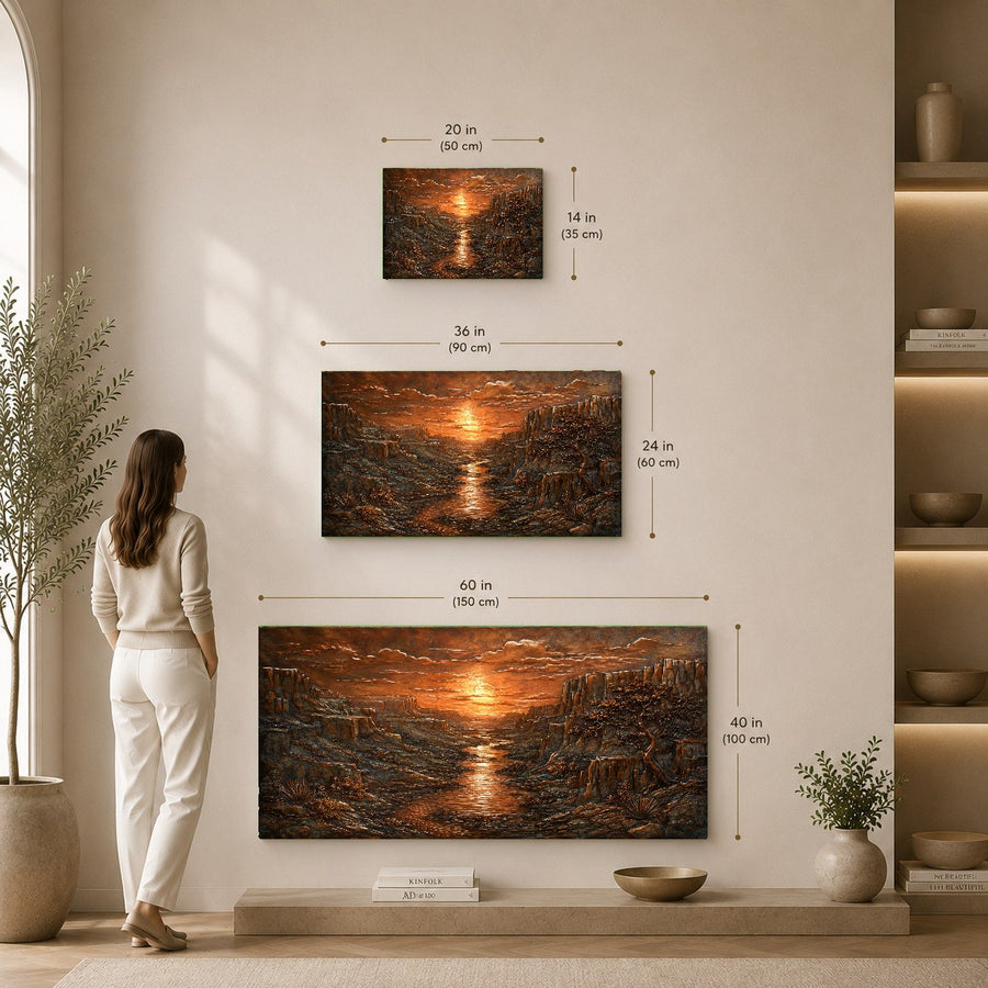 A high-gloss Copper Canyon tempered glass artwork displayed in a serene spa waiting room with warm ambient lighting.