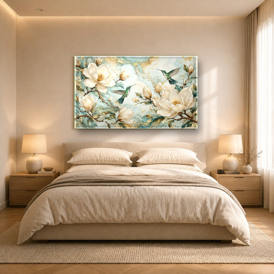 Hummingbird tempered glass print adding a touch of nature to a tranquil wellness spa reception area.