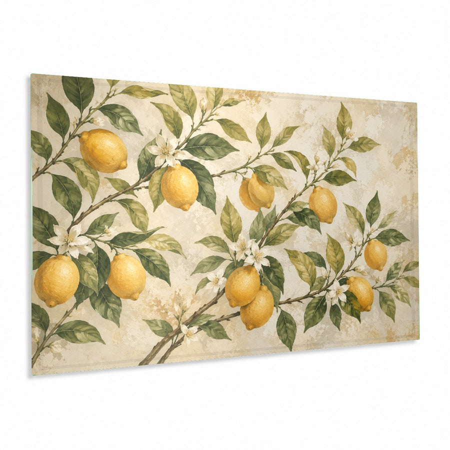 Vibrant Lemon Grove glass wall art hanging in a bright, modern kitchen above a white marble countertop.