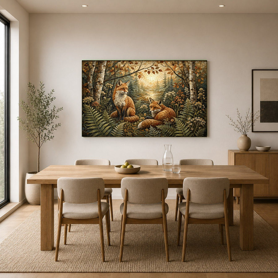 Close-up of a forest wildlife glass print in a hotel lobby, reflecting warm ambient lighting.