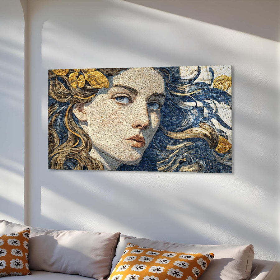 Mosaic artwork of a woman's face on a wall above a sofa with decorative pillows.
