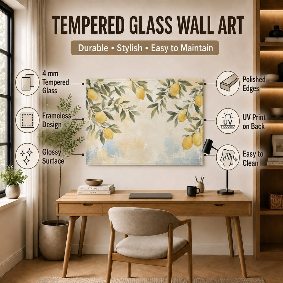 Lemon Tree Glass Wall Art styled in a minimalist coastal dining space with natural light
