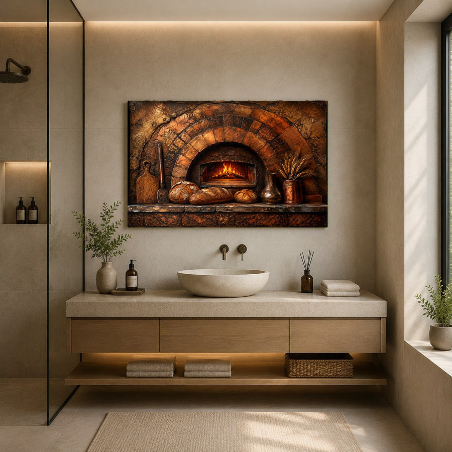 High-gloss rustic oven artwork creating a warm focal point on a neutral wall in a cottage-style home.