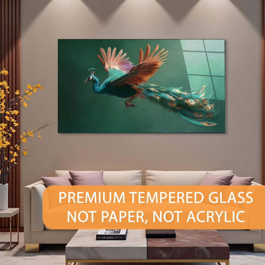 Living room with a peacock painting on the wall, featuring premium tempered glass.