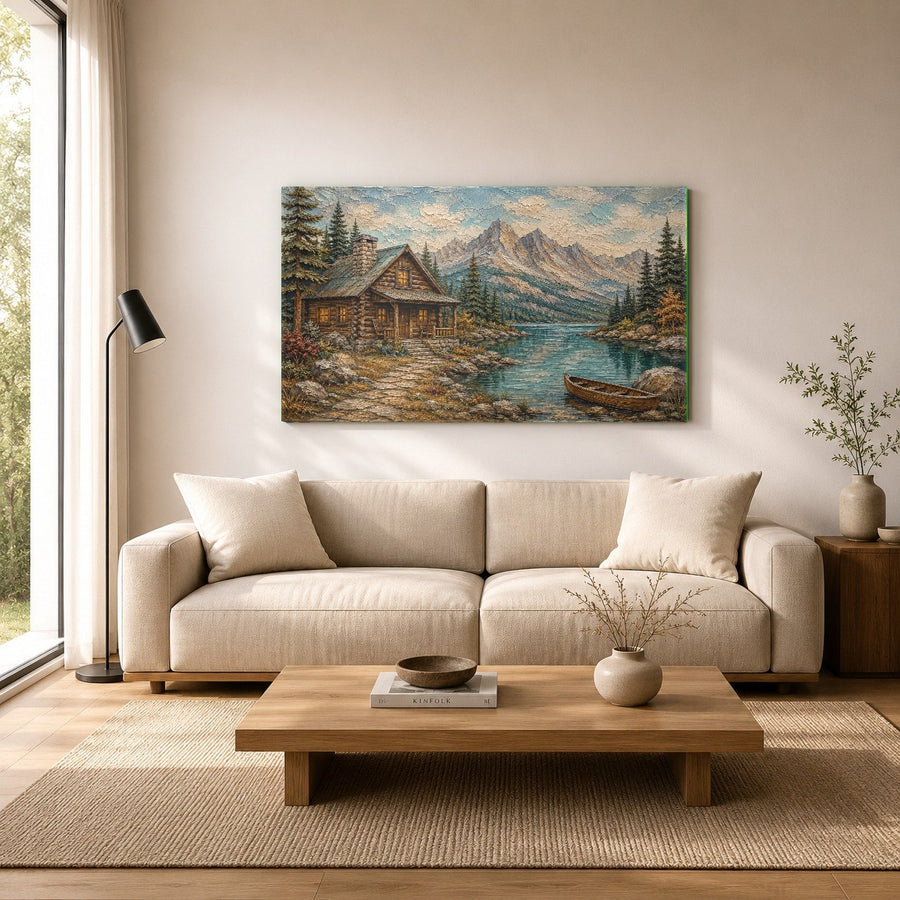 Mountain lake decor glass print featured above a leather sofa in a stylish living room
