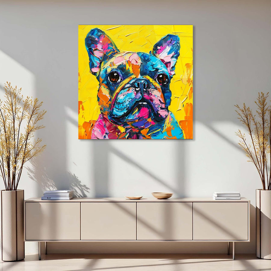 Colorful abstract painting of a dog on a wall above a modern cabinet.