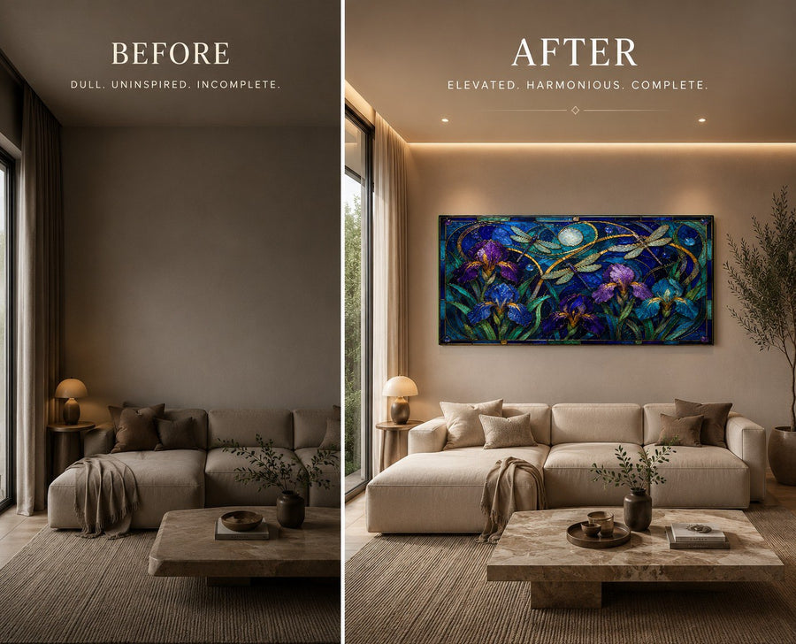 The Iris Flight botanical glass artwork mounted on a gray accent wall in a contemporary office space.