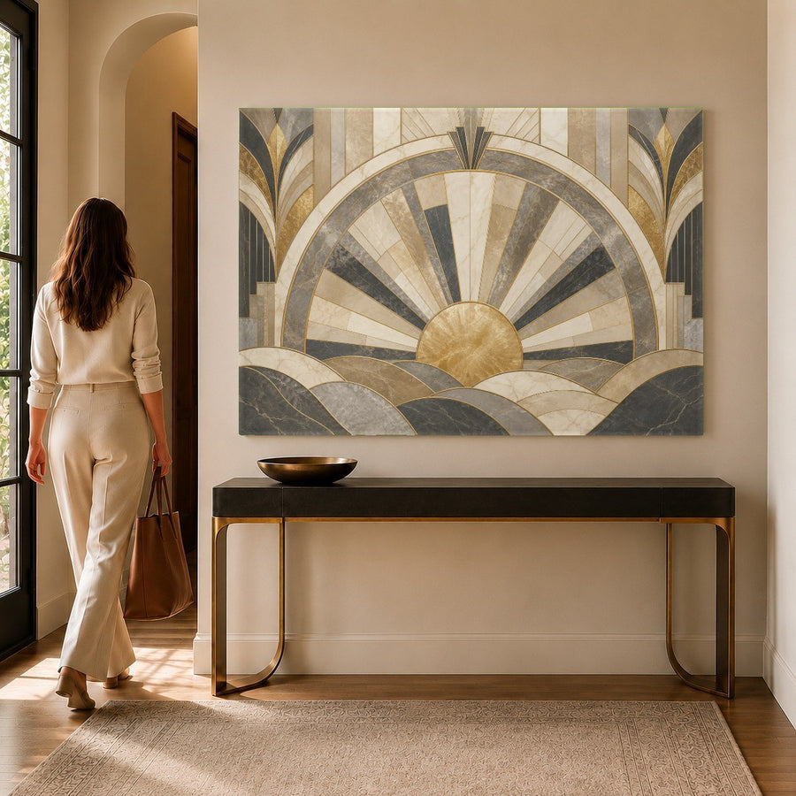 Luxurious gold and black tempered glass print displayed on a dark accent wall in a contemporary master bedroom.