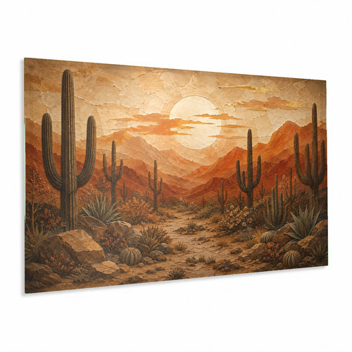 Vibrant Desert Sunset Glass Wall Art hanging above a modern beige sofa in a sunlit Southwestern living room.