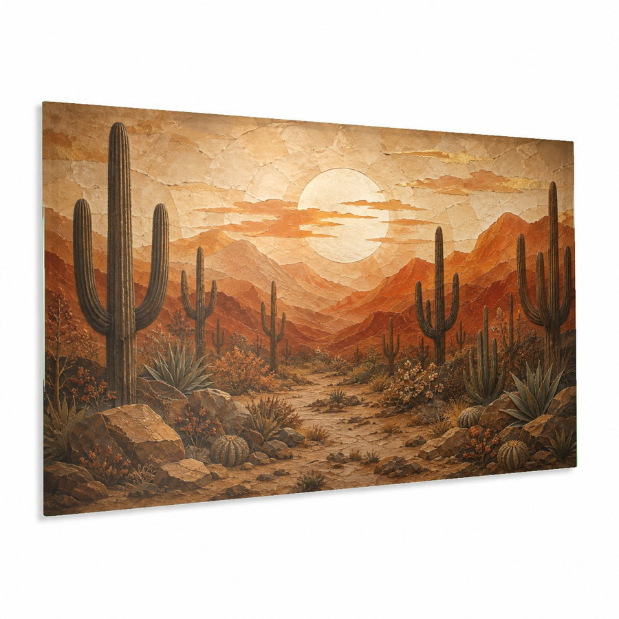 Vibrant Desert Sunset Glass Wall Art hanging above a modern beige sofa in a sunlit Southwestern living room.