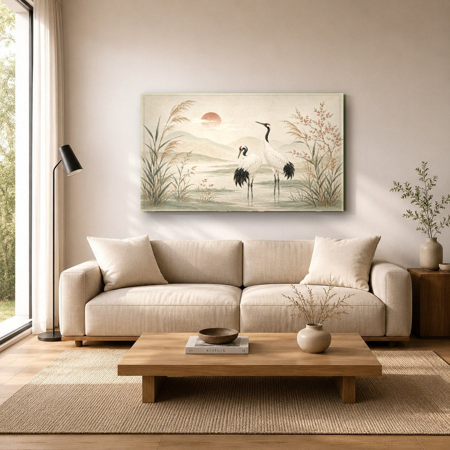 Close-up angle shot of lake birds glass print showing high gloss tempered surface